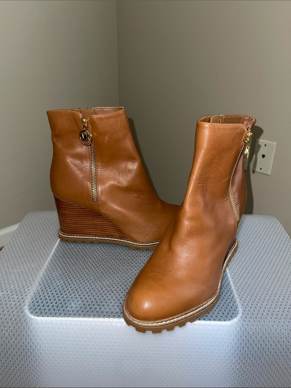 Michael Kors Cognac Leather Wedge Ankle Boots